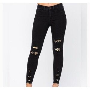 Judy Blue Skinny‎ Fit Jeans Size 1/25 Black With Cheetah Print Distressed